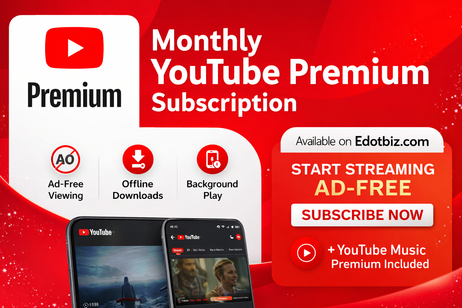 YouTube Premium (Monthly) – Download, Background Play & No Ads | Edotbiz.com